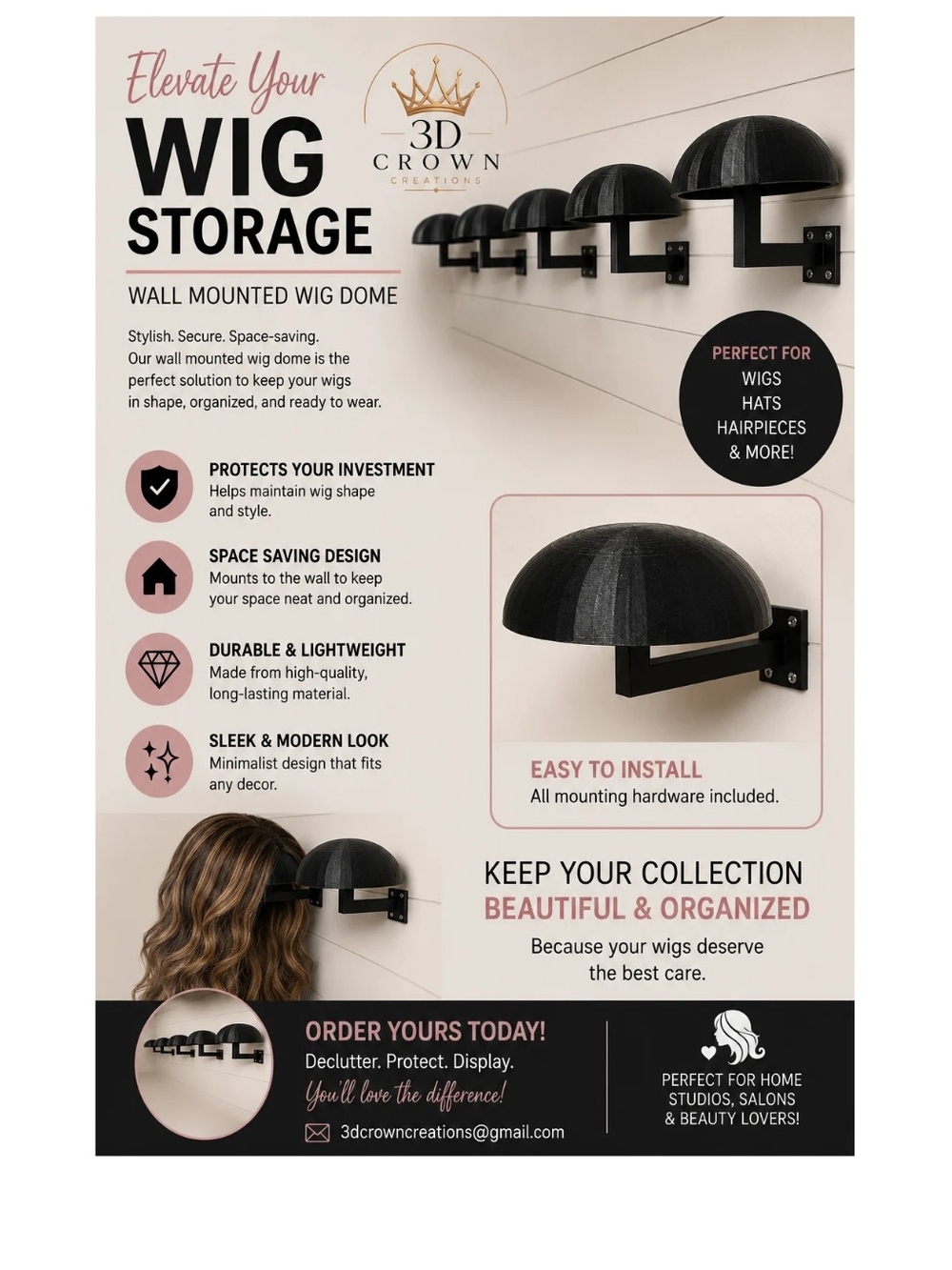 Wall-Mounted Wig Dome - Black